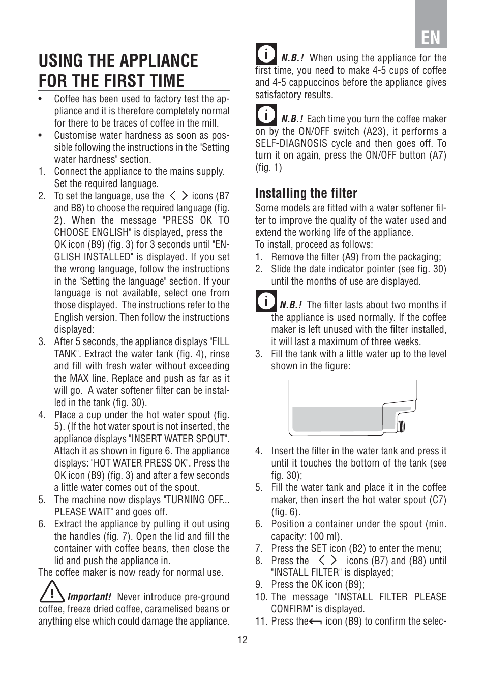 Using the appliance for the first time, Installing the filter | DE DIETRICH DED1140 User Manual | Page 8 / 25