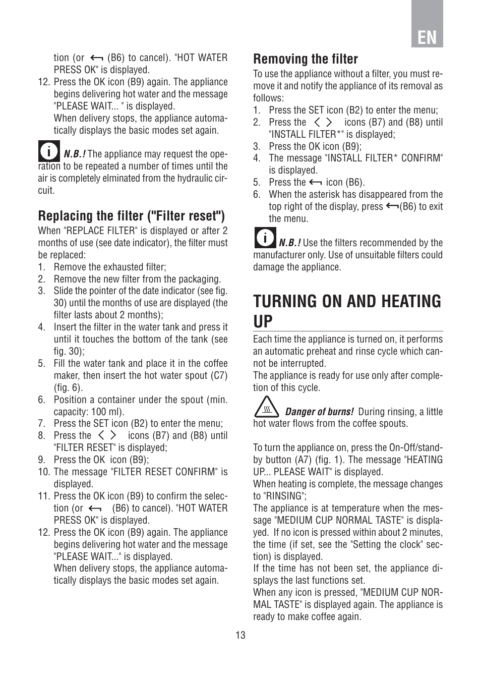 Turning on and heating up, Replacing the filter ("filter reset"), Removing the filter | DE DIETRICH DED1140 User Manual | Page 9 / 25