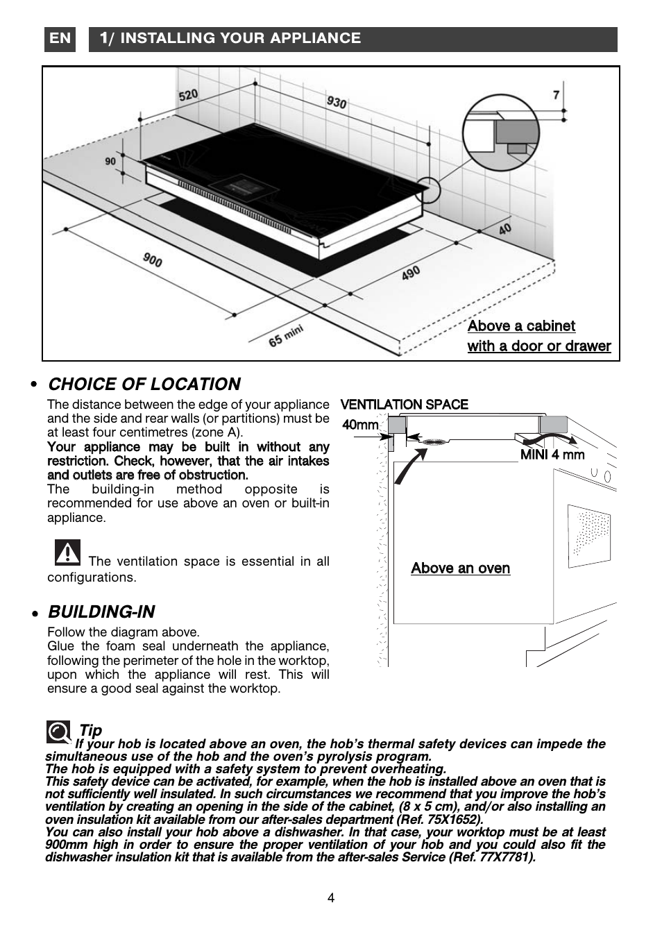 Choice of location, Building-in | DE DIETRICH DTiM1000C The Piano User Manual | Page 4 / 10