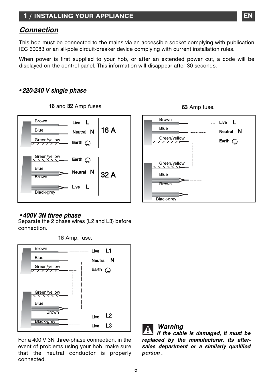 Connection, 400v 3n three phase, 240 v single phase | Warning, 11 / installing your appliance | DE DIETRICH DTiM1000C The Piano User Manual | Page 5 / 10