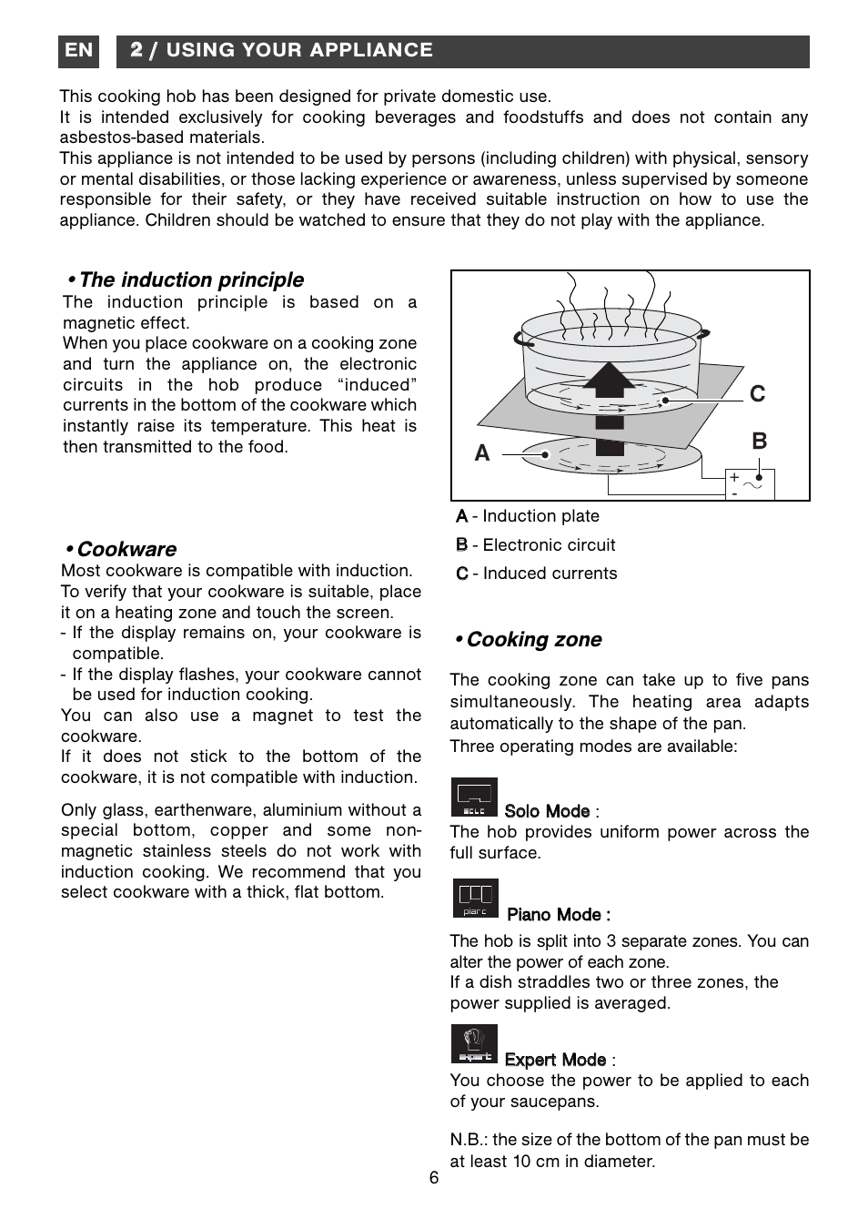 Cb a, The induction principle, Cookware | Cooking zone | DE DIETRICH DTiM1000C The Piano User Manual | Page 6 / 10