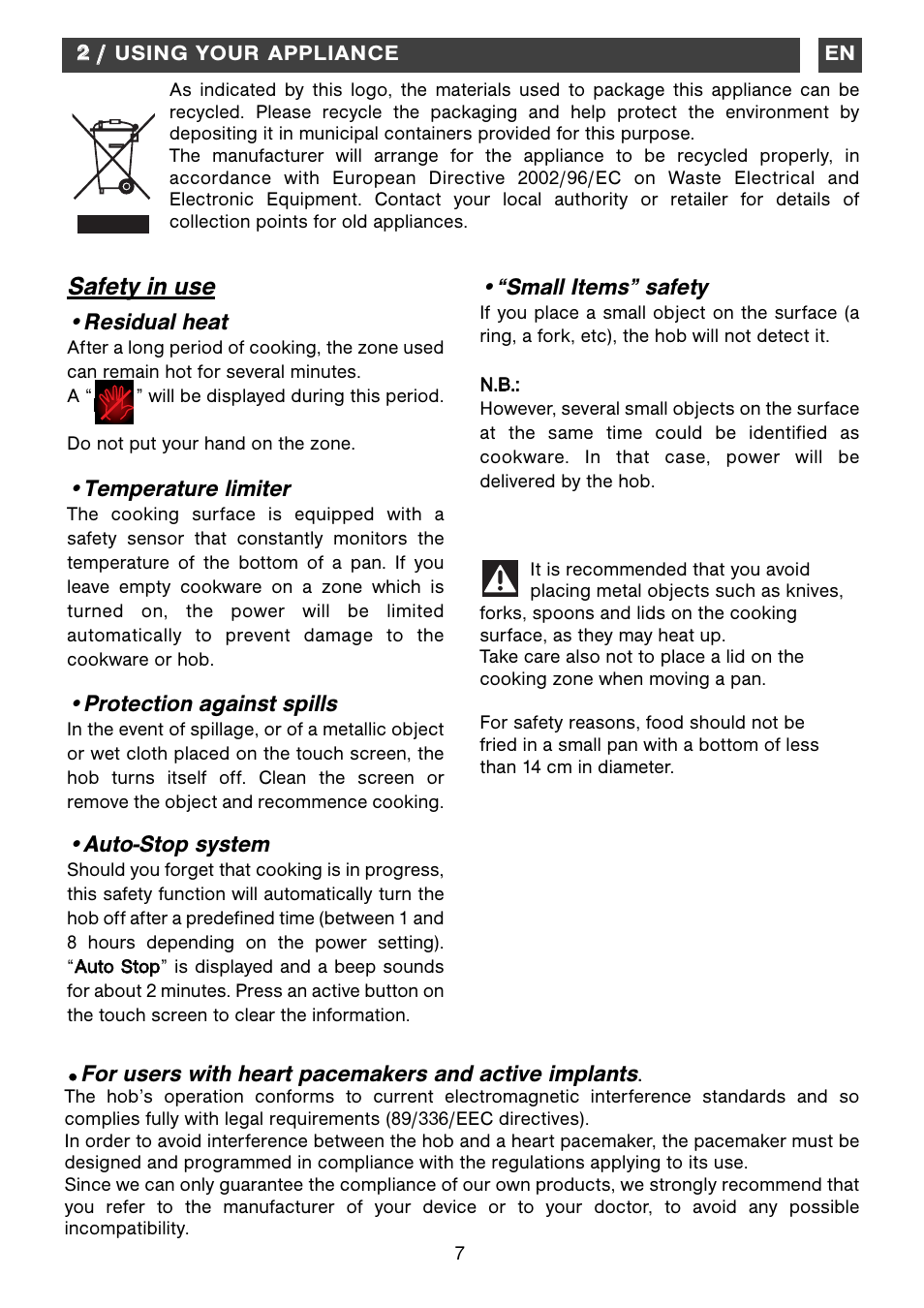 Safety in use, Residual heat, Temperature limiter | Protection against spills, Auto-stop system, Small items” safety | DE DIETRICH DTiM1000C The Piano User Manual | Page 7 / 10