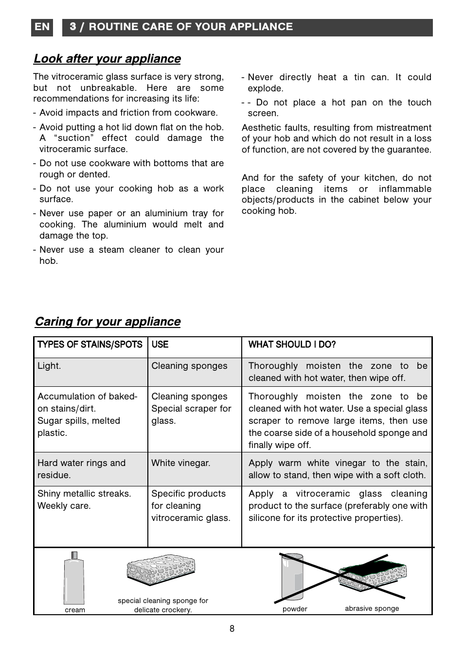 Look after your appliance, Caring for your appliance | DE DIETRICH DTiM1000C The Piano User Manual | Page 8 / 10