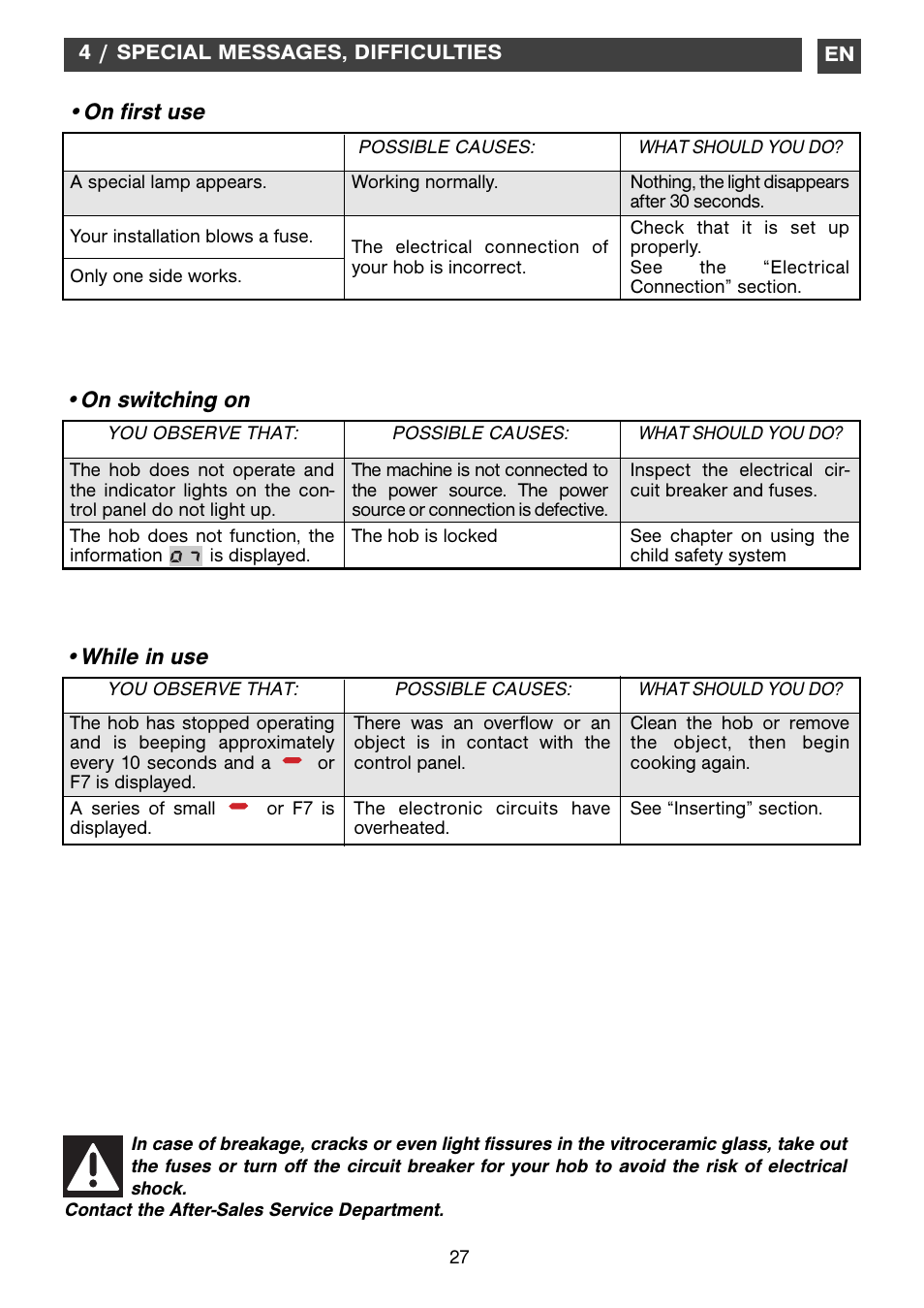 While in use •on switching on, On first use | DE DIETRICH DTV1120X User Manual | Page 12 / 14