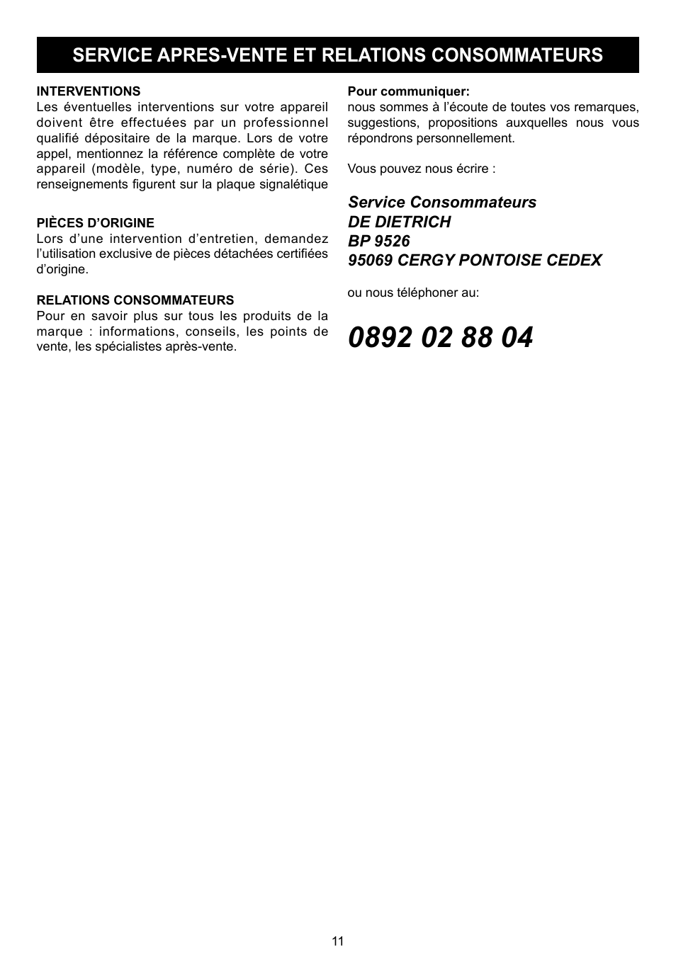 Service apres-vente et relations consommateurs | DE DIETRICH DTG1195X User Manual | Page 12 / 56