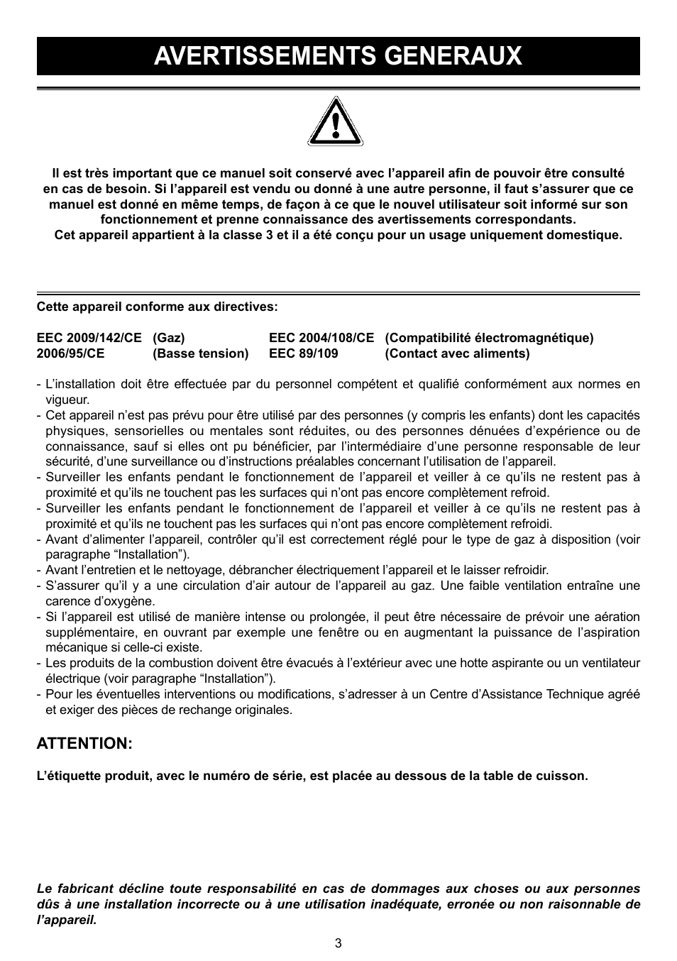 Avertissements generaux, Attention | DE DIETRICH DTG1195X User Manual | Page 4 / 56