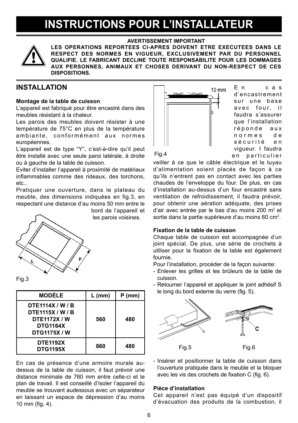 Instructions pour l’installateur, Installation | DE DIETRICH DTG1195X User Manual | Page 7 / 56