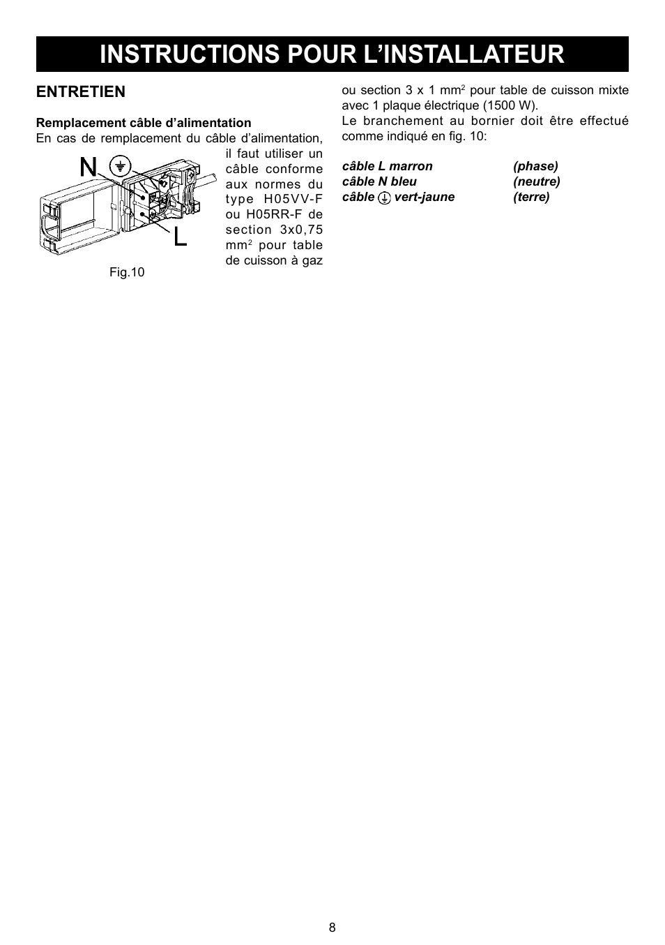 Instructions pour l’installateur, Entretien | DE DIETRICH DTG1195X User Manual | Page 9 / 56