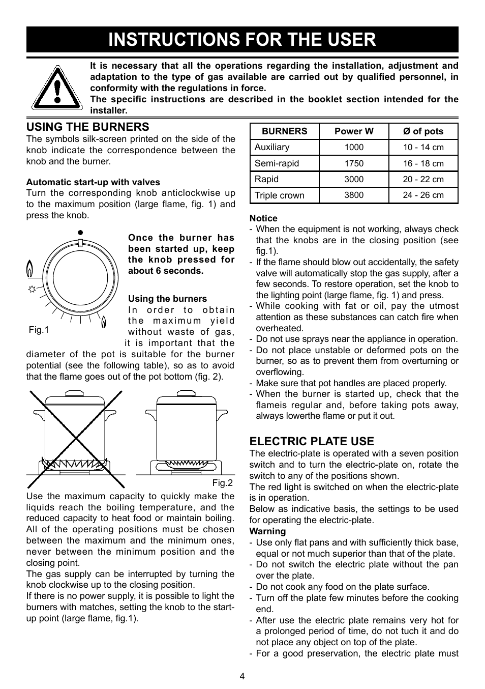 Instructions for the user, Using the burners, Electric plate use | DE DIETRICH DTE1114X User Manual | Page 5 / 11