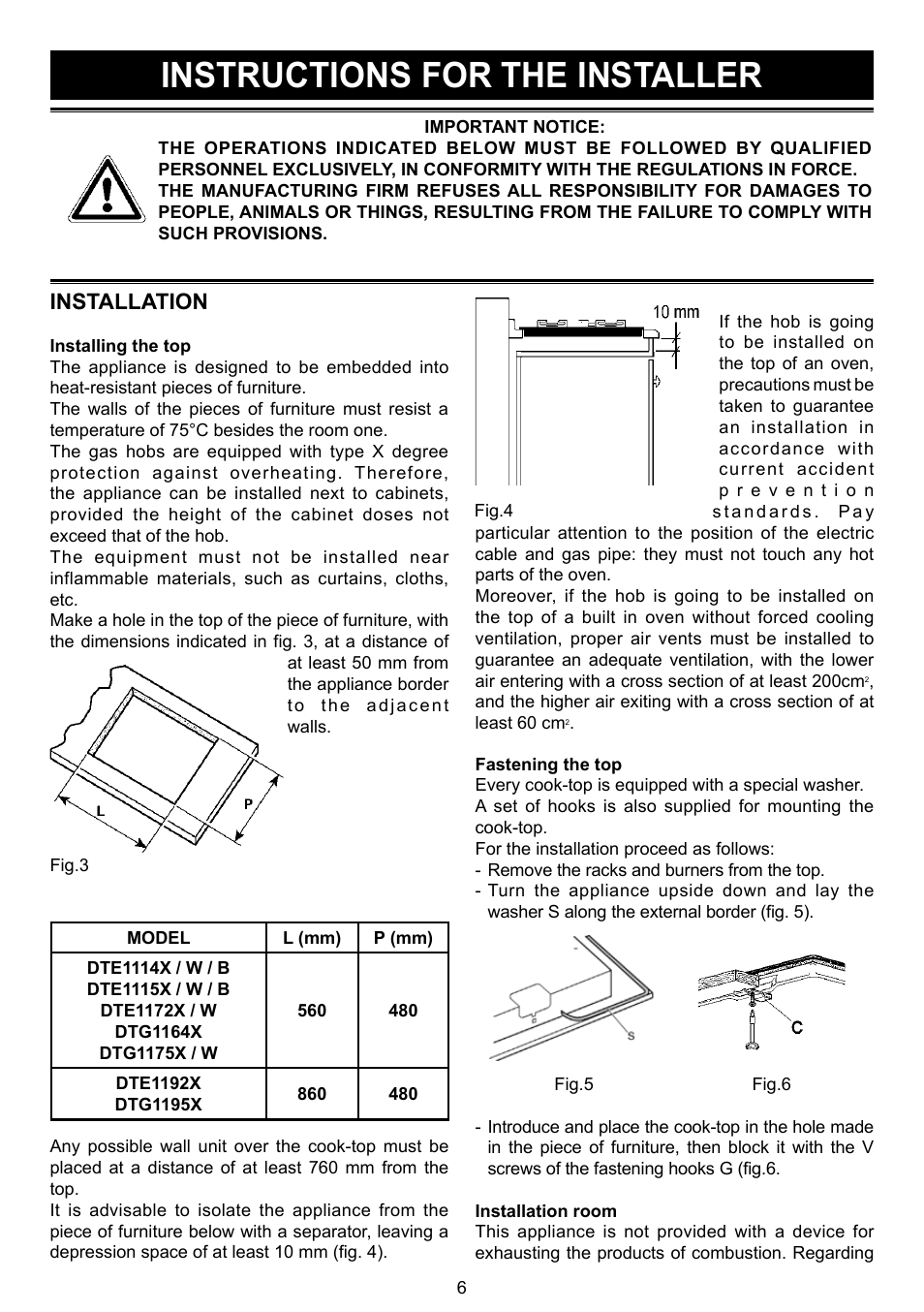 Instructions for the installer, Installation | DE DIETRICH DTE1114X User Manual | Page 7 / 11