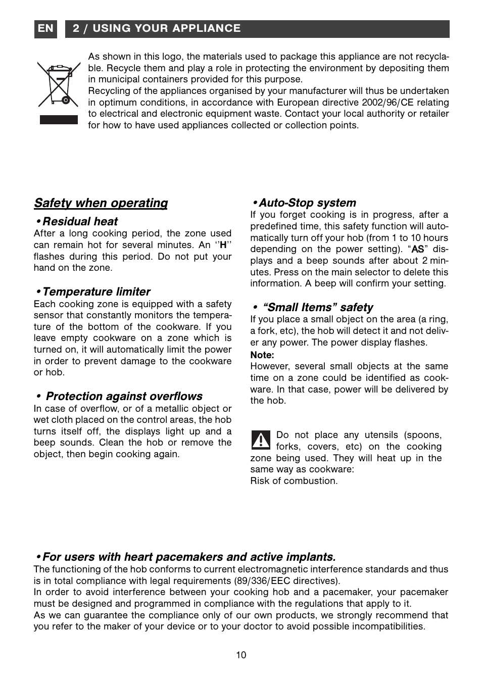 Safety when operating, Residual heat, Temperature limiter | Protection against overflows, Auto-stop system, Small items” safety | DE DIETRICH DTi1041X User Manual | Page 10 / 16