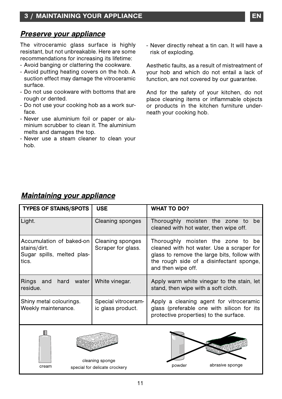 Preserve your appliance, Maintaining your appliance | DE DIETRICH DTi1041X User Manual | Page 11 / 16