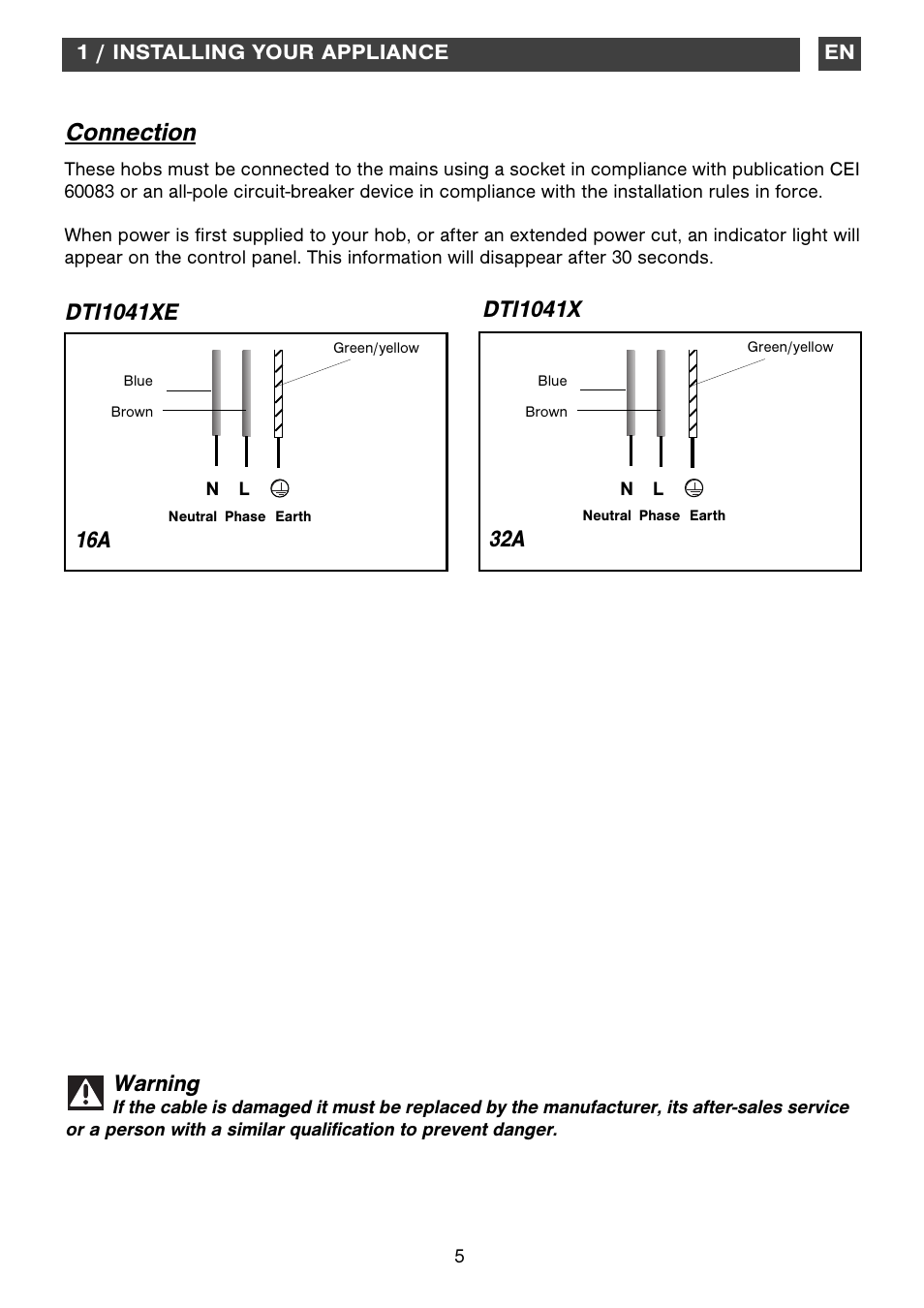 Connection, Dti1041xe warning, Dti1041x | DE DIETRICH DTi1041X User Manual | Page 5 / 16