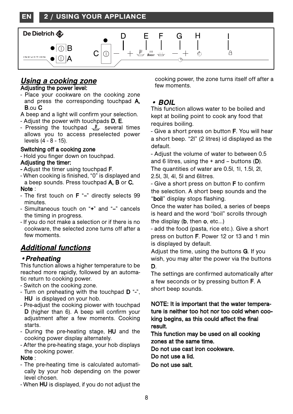 Using a cooking zone, Additional functions, Boil | Preheating | DE DIETRICH DTi1041X User Manual | Page 8 / 16