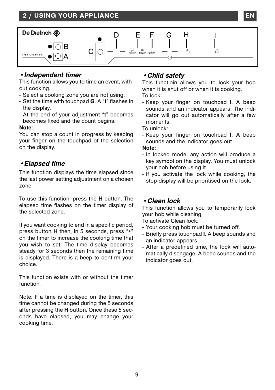Independent timer, Elapsed time, Child safety | Clean lock | DE DIETRICH DTi1041X User Manual | Page 9 / 16
