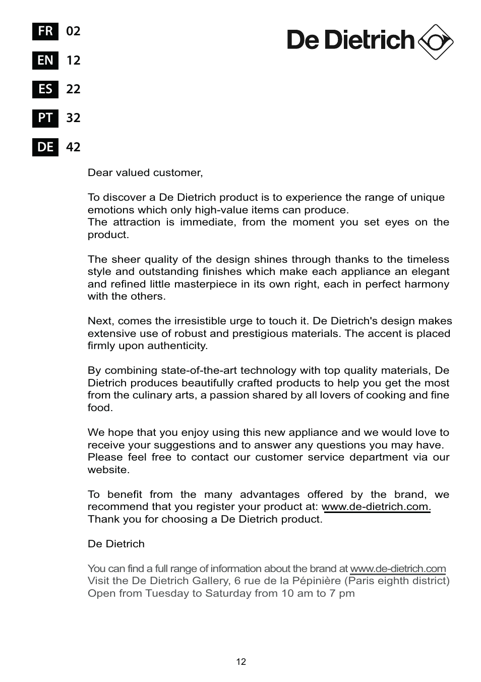 DE DIETRICH DTE1168X User Manual | Page 12 / 52