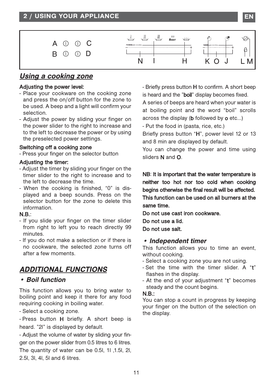 Using a cooking zone, Additional functions | DE DIETRICH DTI1177X User Manual | Page 11 / 17