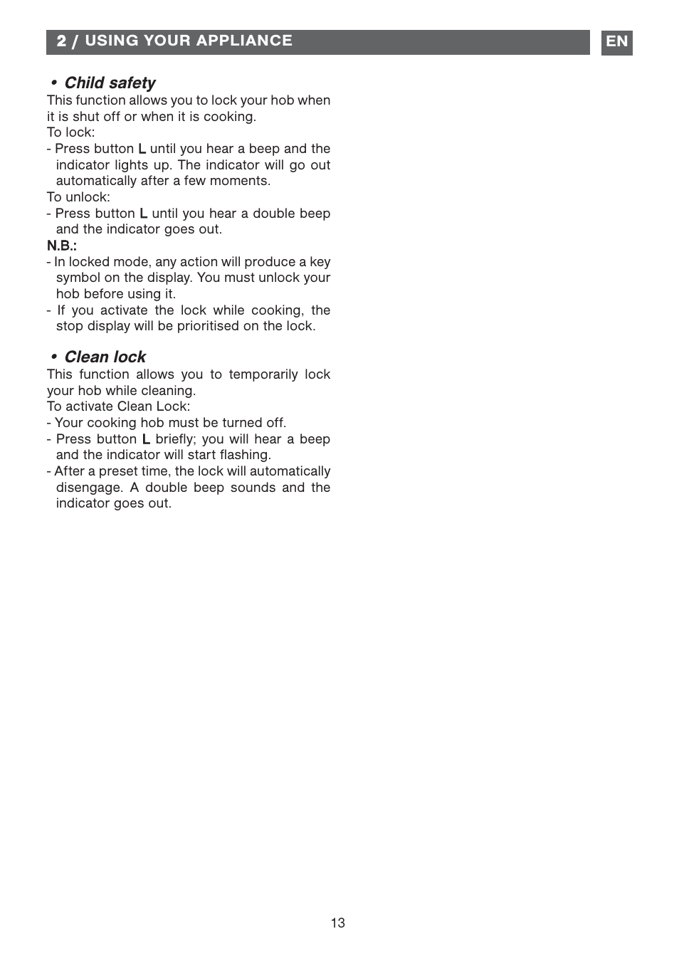 Child safety, Clean lock | DE DIETRICH DTI1177X User Manual | Page 13 / 17