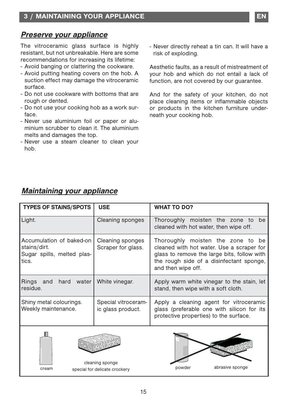 Preserve your appliance, Maintaining your appliance | DE DIETRICH DTI1177X User Manual | Page 15 / 17