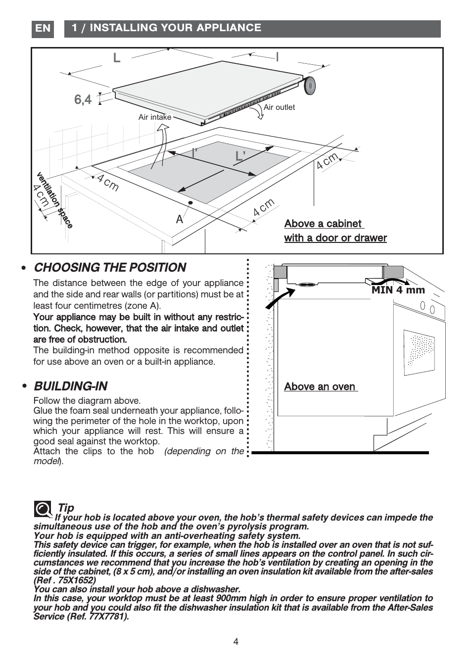 Choosing the position, Building-in, L• l l’ l’ 6,4 | DE DIETRICH DTI1177X User Manual | Page 4 / 17