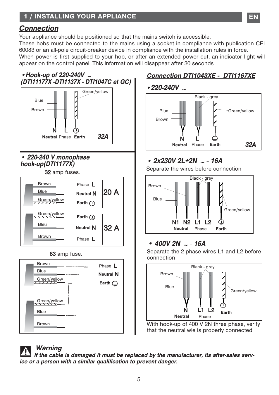 Connection, 20 a 32 a, 240v | Warning | DE DIETRICH DTI1177X User Manual | Page 5 / 17