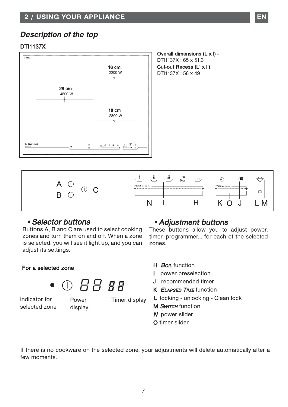 Description of the top, Selector buttons, Ba c • adjustment buttons | DE DIETRICH DTI1177X User Manual | Page 7 / 17