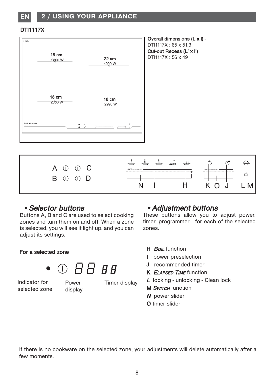 Adjustment buttons, Ba c d • selector buttons | DE DIETRICH DTI1177X User Manual | Page 8 / 17