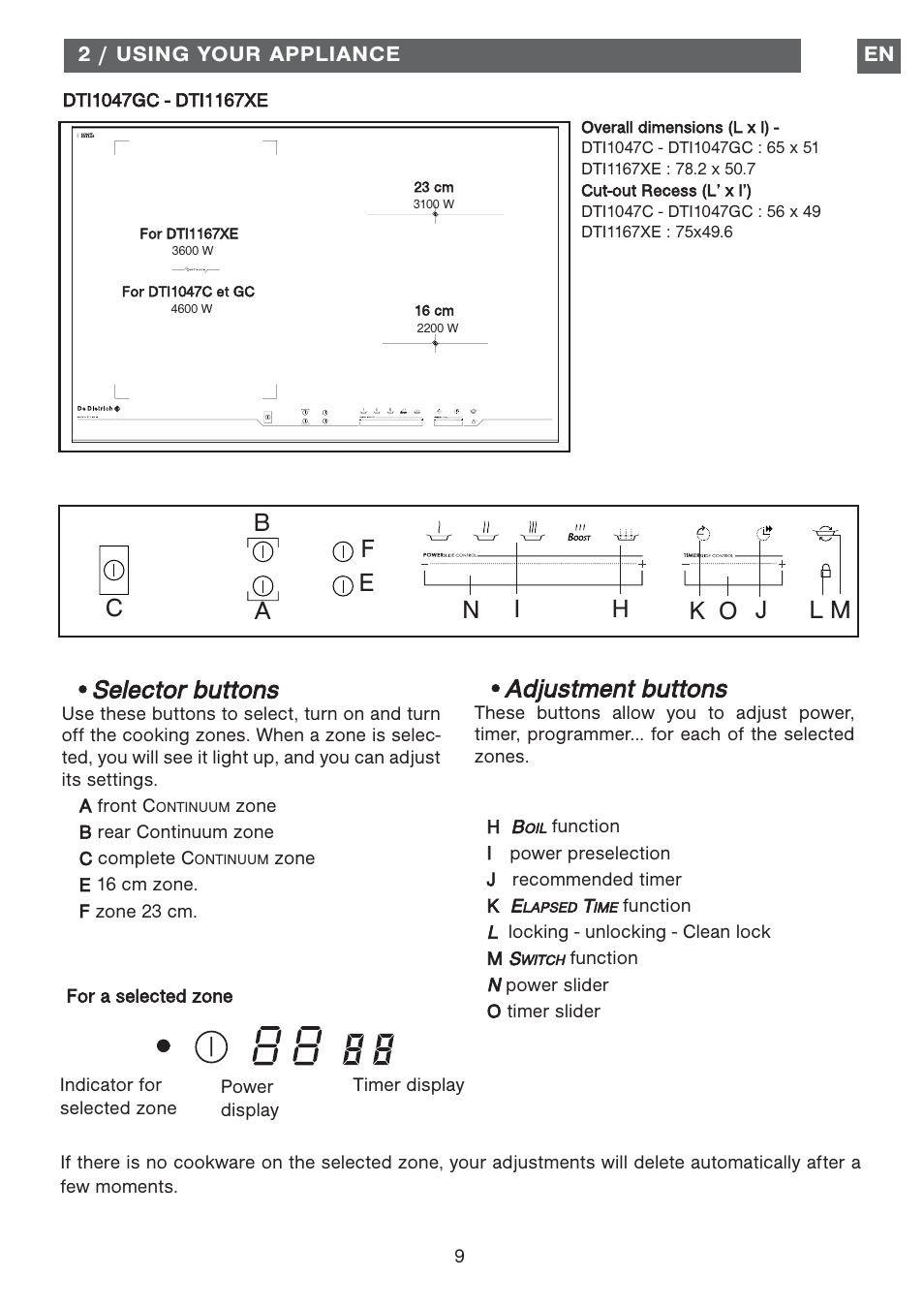 Adjustment buttons, Selector buttons | DE DIETRICH DTI1177X User Manual | Page 9 / 17