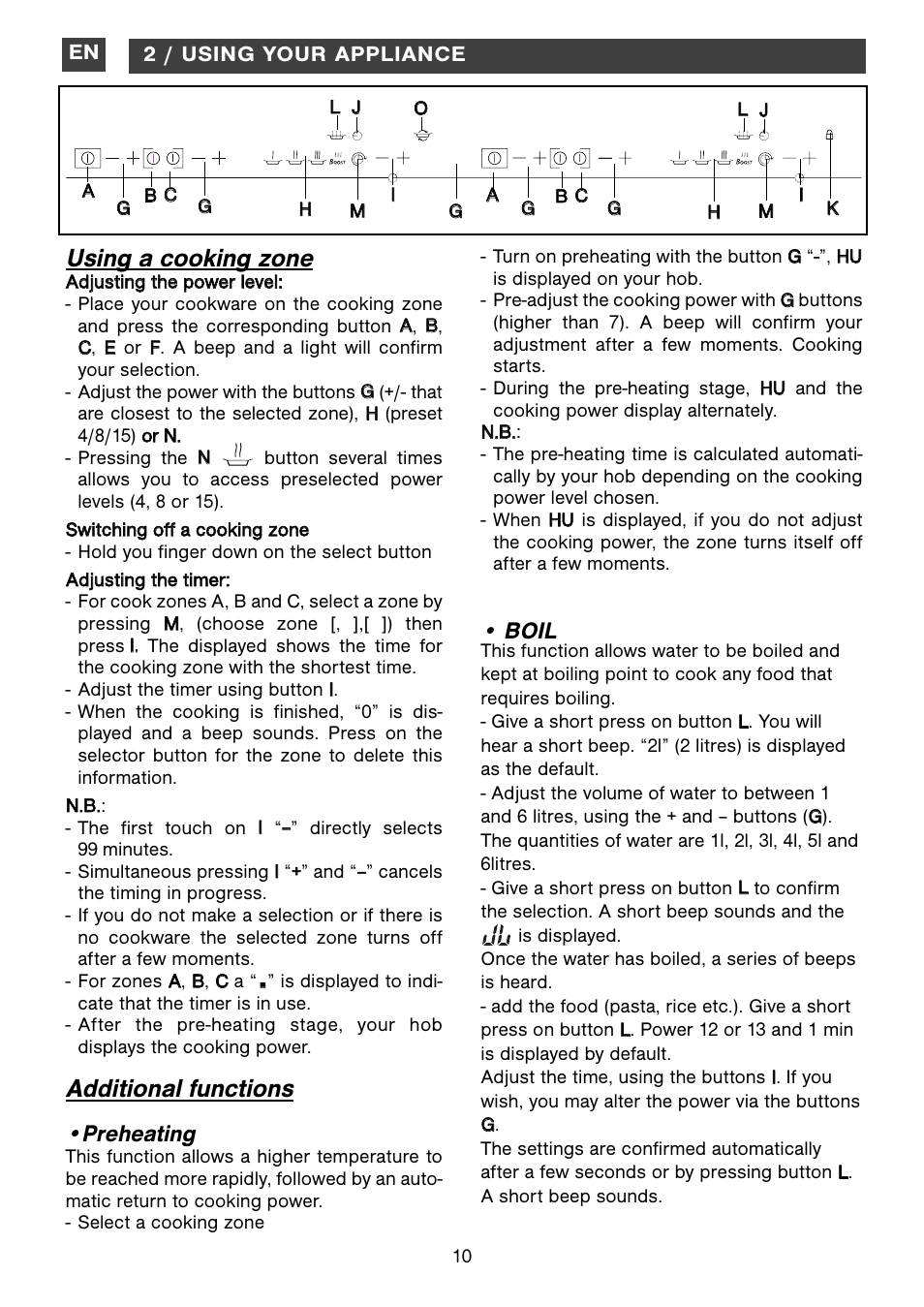 Using a cooking zone, Additional functions, Boil | Preheating | DE DIETRICH DTi1199GE User Manual | Page 10 / 17