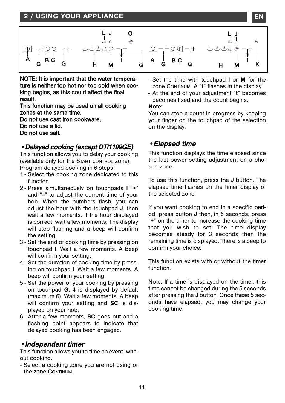 Delayed cooking (except dti1199ge), Independent timer, Elapsed time | DE DIETRICH DTi1199GE User Manual | Page 11 / 17