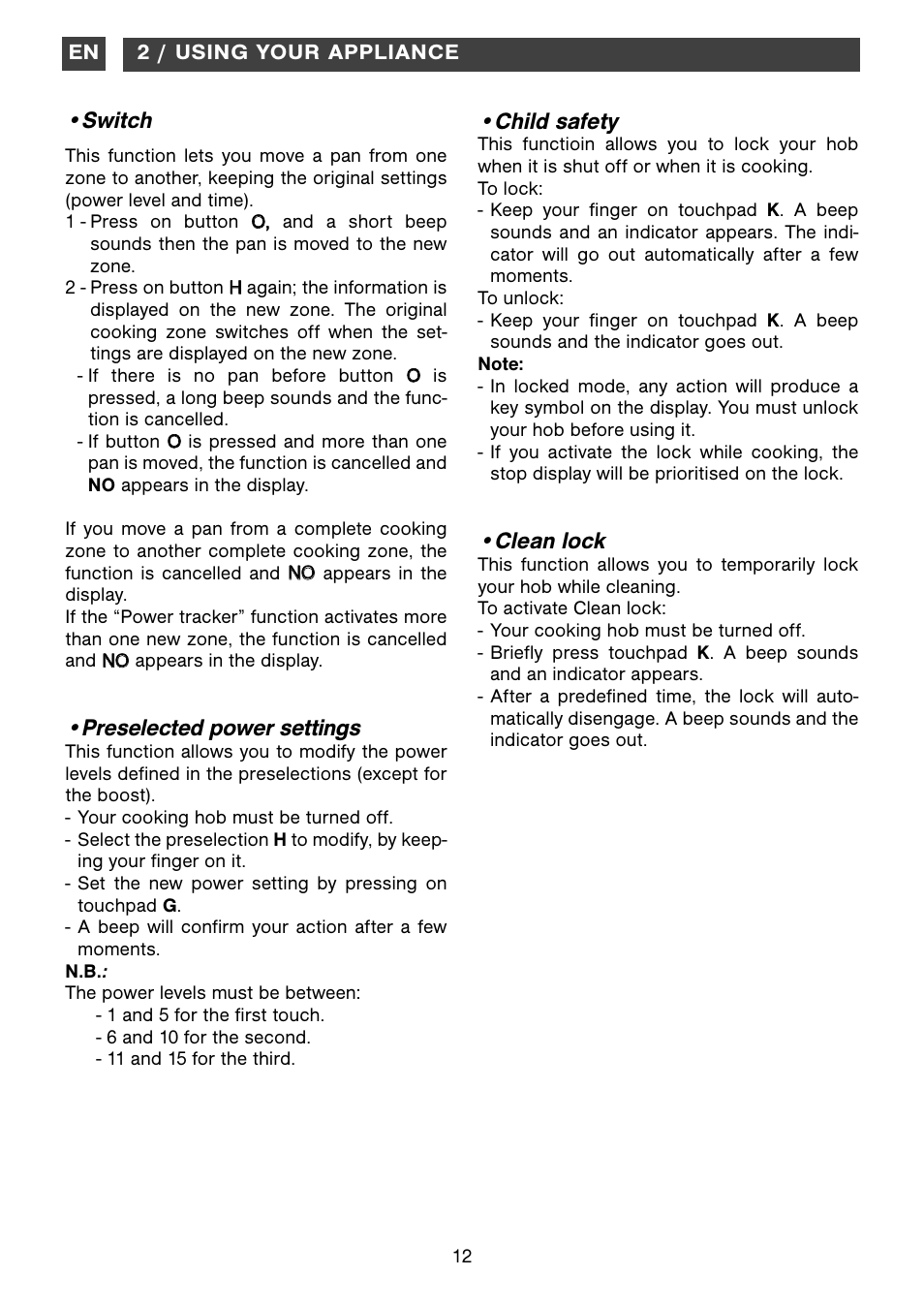 Child safety, Clean lock, Switch | Preselected power settings | DE DIETRICH DTi1199GE User Manual | Page 12 / 17