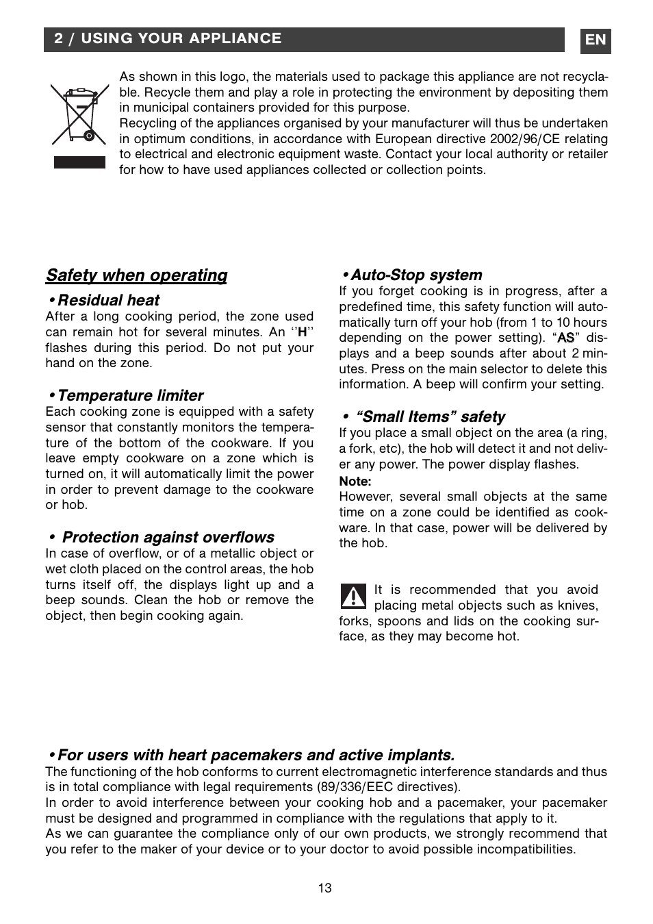 Safety when operating | DE DIETRICH DTi1199GE User Manual | Page 13 / 17