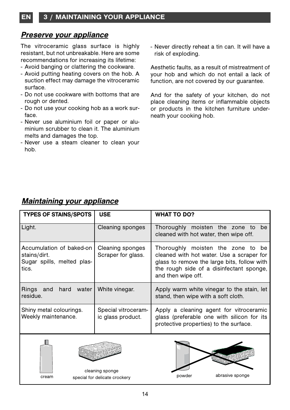 Preserve your appliance, Maintaining your appliance | DE DIETRICH DTi1199GE User Manual | Page 14 / 17