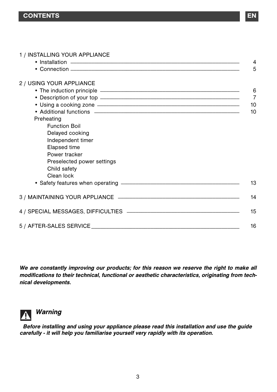 Warning | DE DIETRICH DTi1199GE User Manual | Page 3 / 17