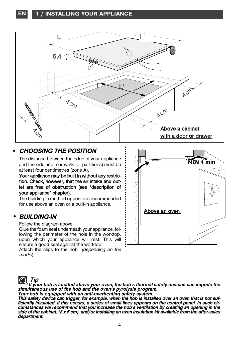 Choosing the position, Building-in, Ll l l ll’’ l l’’ 6 6,,4 4 | 4 c m 4 c m 4 c m 4 c m | DE DIETRICH DTi1199GE User Manual | Page 4 / 17
