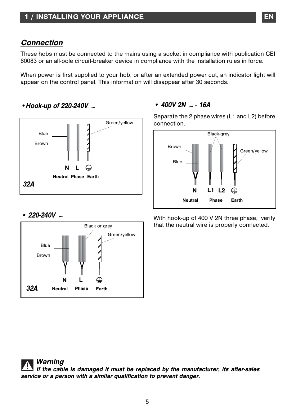 Connection, 240v ~ warning | DE DIETRICH DTi1199GE User Manual | Page 5 / 17
