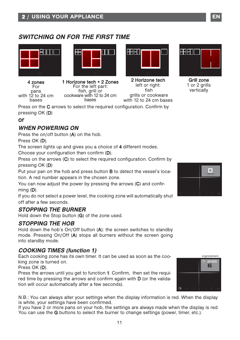 Switching on for the first time, When powering on, Stopping the burner | Stopping the hob, Cooking times (function 1) | DE DIETRICH DTi1358DG User Manual | Page 11 / 19