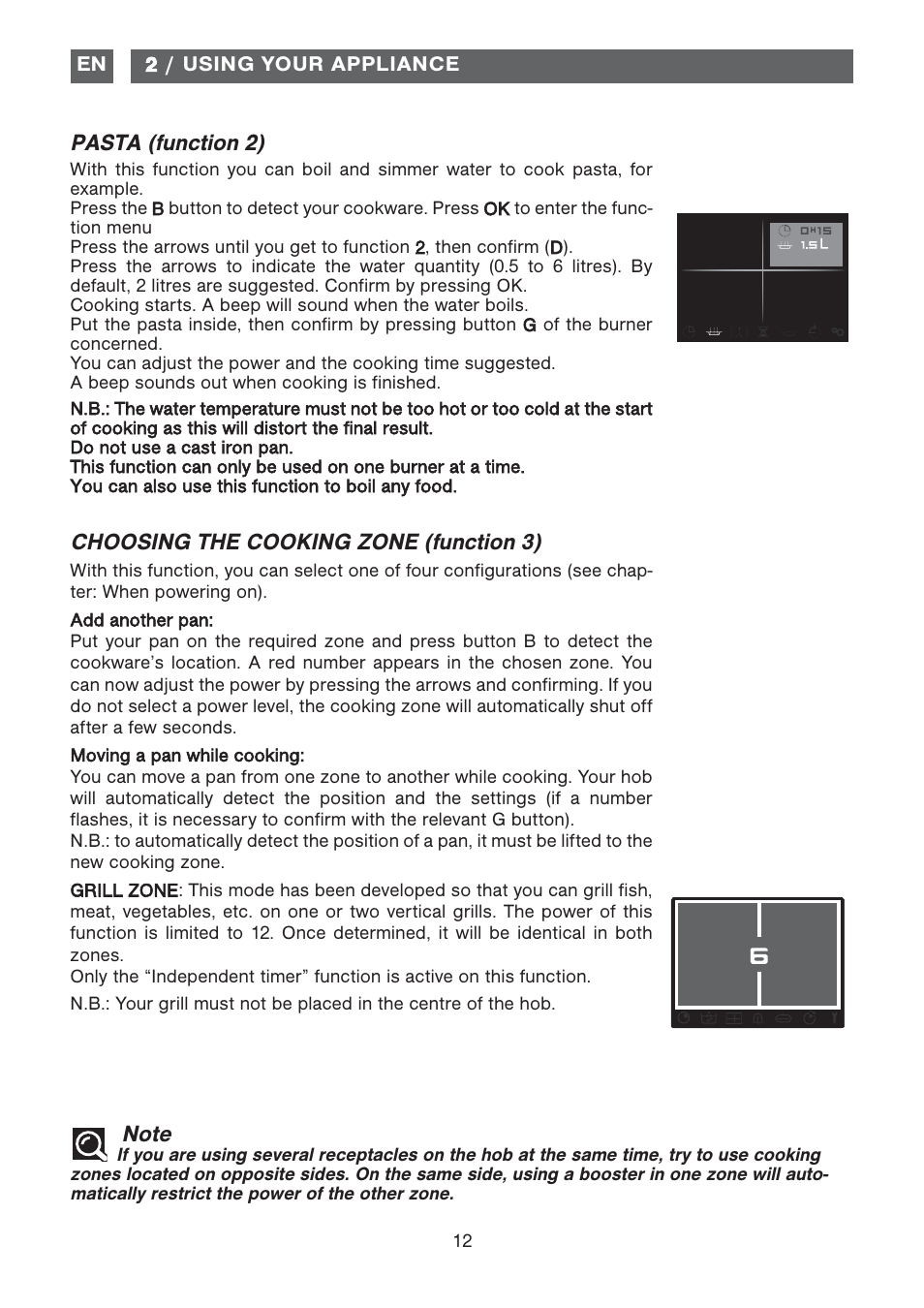 Pasta (function 2), Choosing the cooking zone (function 3) | DE DIETRICH DTi1358DG User Manual | Page 12 / 19