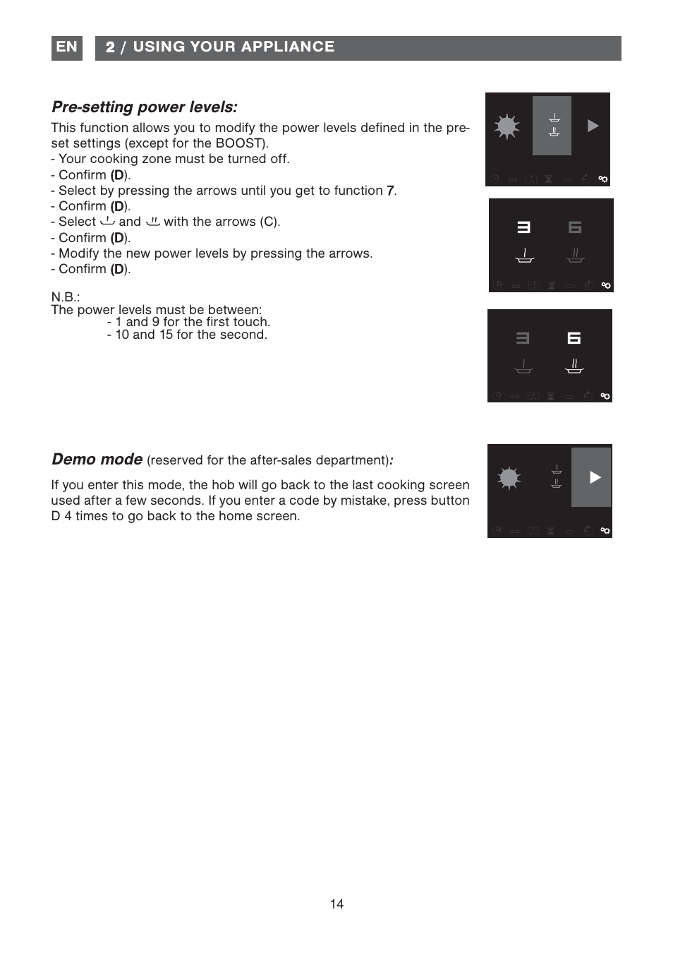 Pre-setting power levels, Demo mode | DE DIETRICH DTi1358DG User Manual | Page 14 / 19