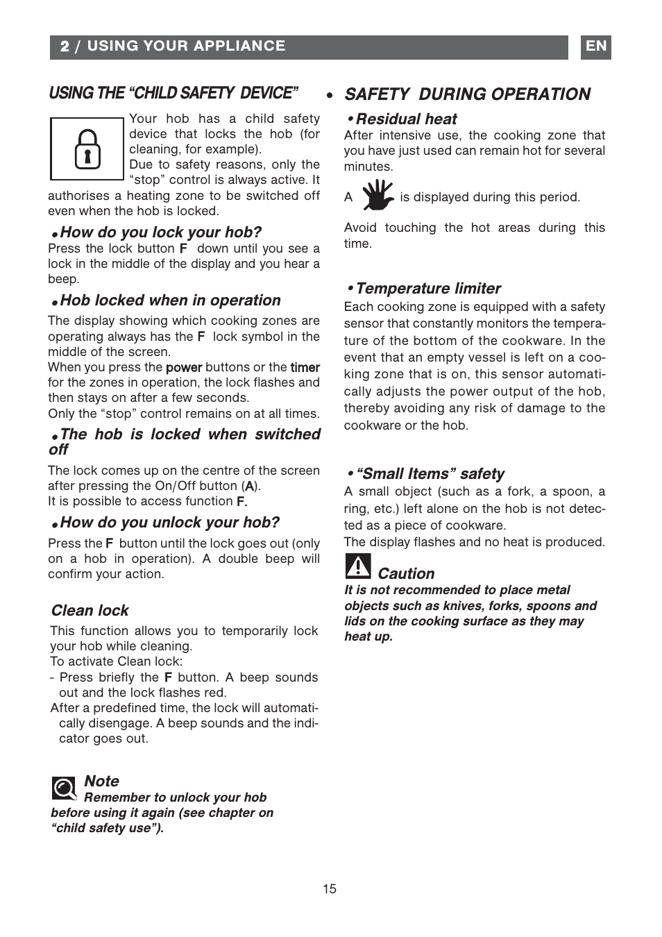 Safety during operation, Using the “child safety device | DE DIETRICH DTi1358DG User Manual | Page 15 / 19
