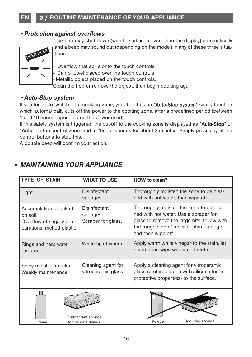 Maintaining your appliance, Protection against overflows, Auto-stop system | DE DIETRICH DTi1358DG User Manual | Page 16 / 19