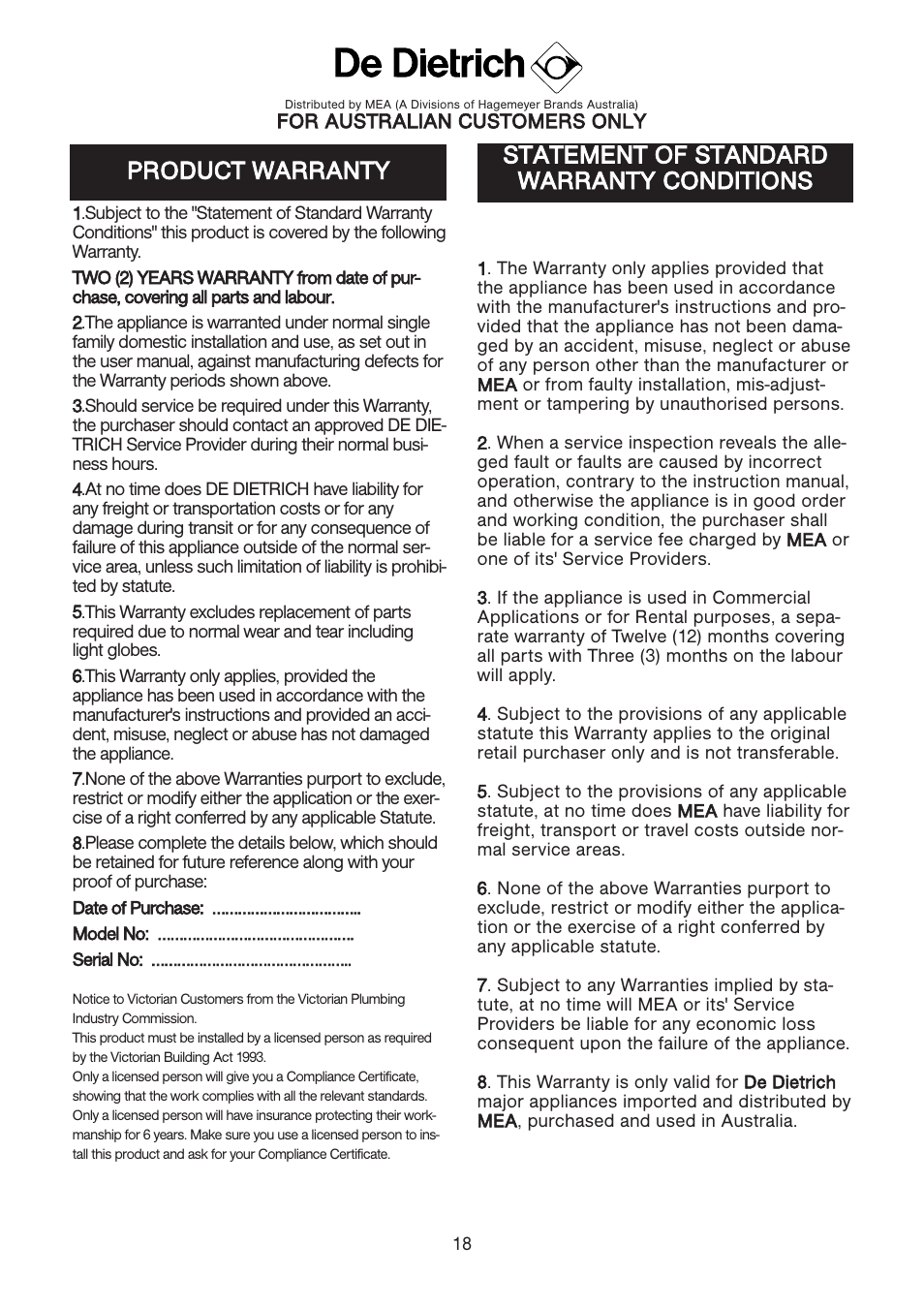 Product warranty, Statement of standard warranty conditions | DE DIETRICH DTi1358DG User Manual | Page 18 / 19