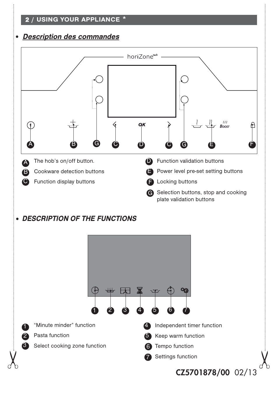 Description of the functions, Description des commandes | DE DIETRICH DTi1358DG User Manual | Page 19 / 19