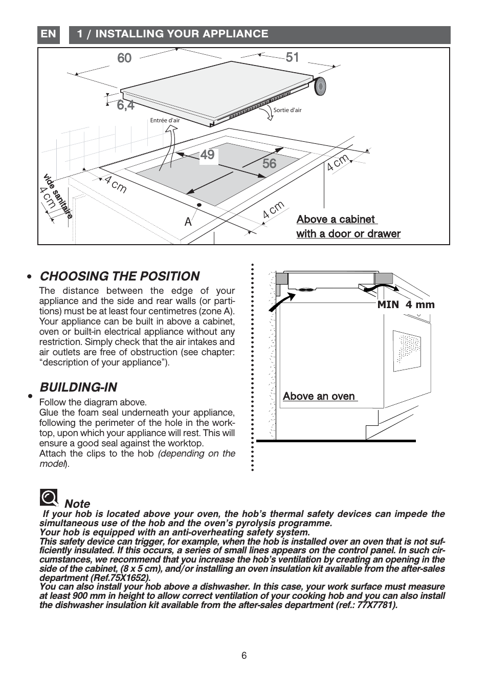 Choosing the position, Building-in | DE DIETRICH DTi1358DG User Manual | Page 6 / 19