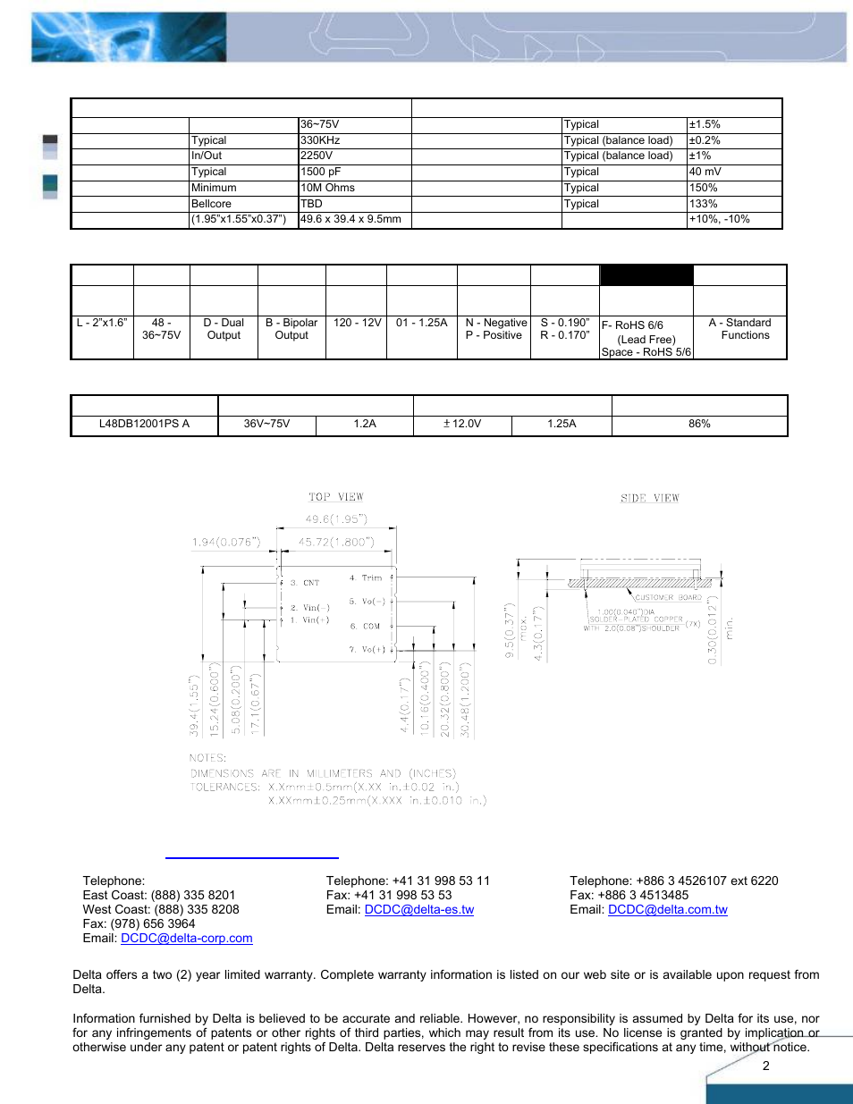 Warranty | Delta Electronics Delphi Series L48DB User Manual | Page 2 / 2