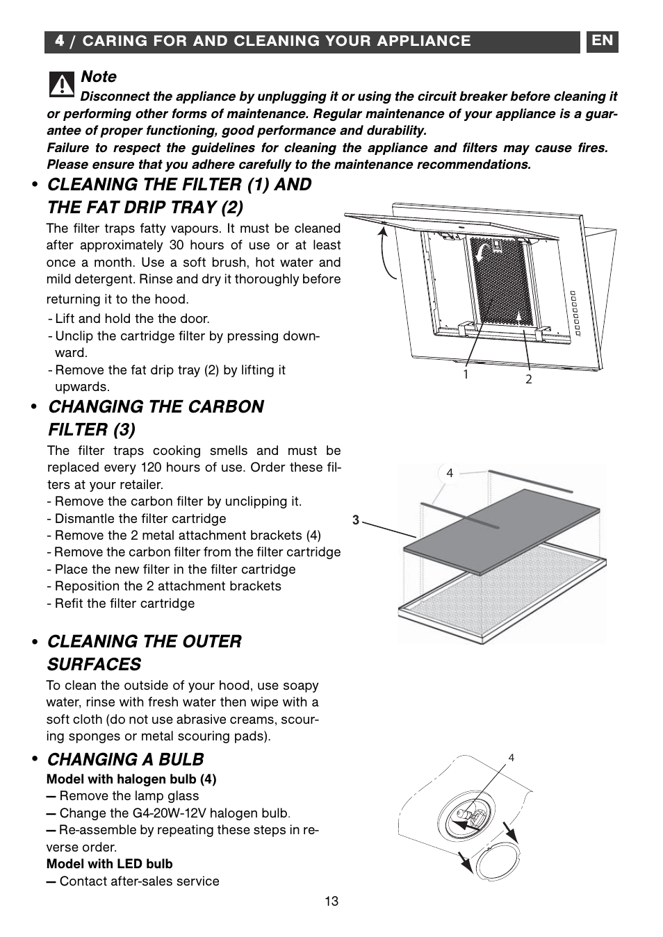 Changing a bulb, Cleaning the outer surfaces, Cleaning the filter (1) and the fat drip tray (2) | Changing the carbon filter (3) | DE DIETRICH DHD1192X User Manual | Page 13 / 16