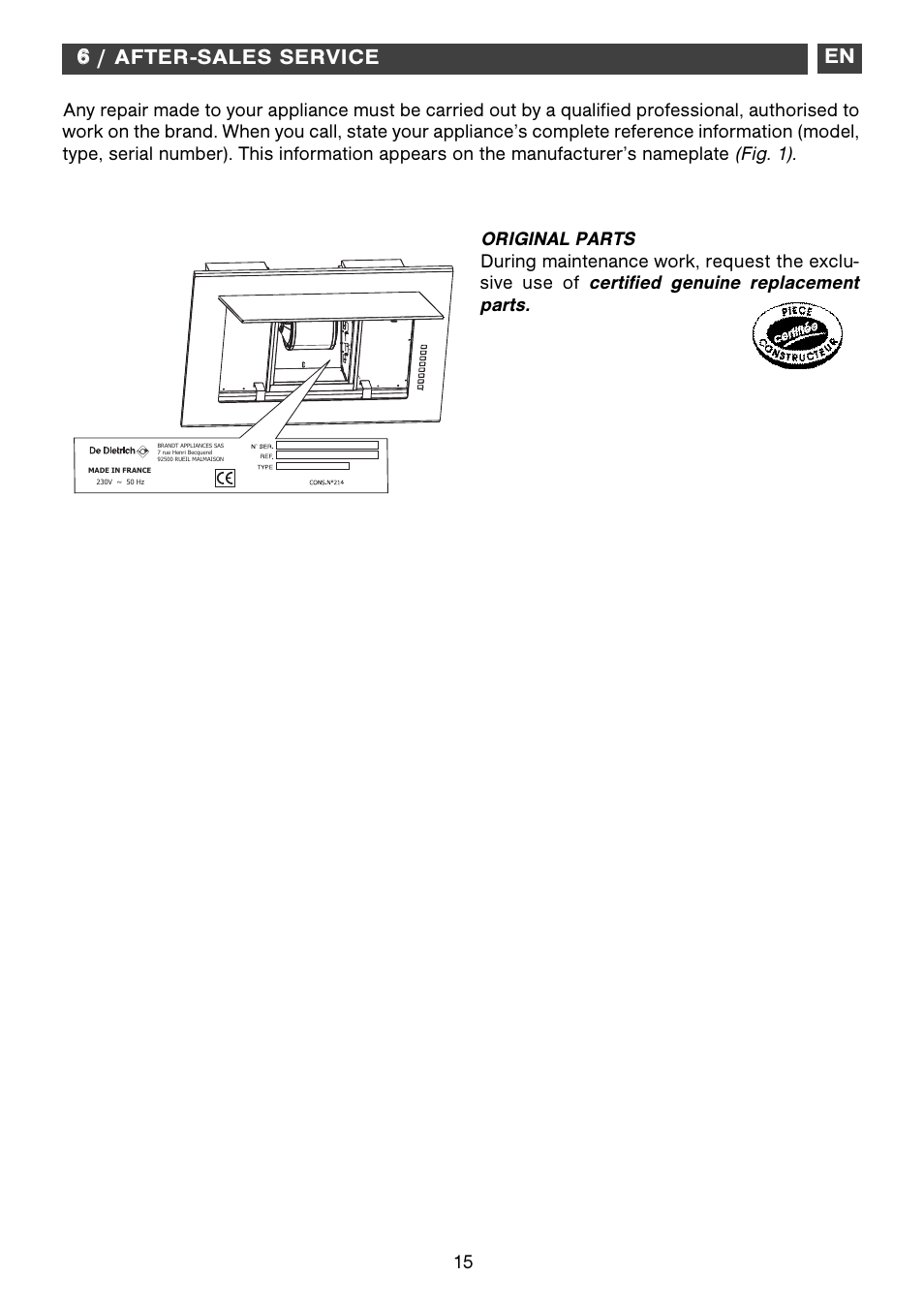 66 / after-sales service en | DE DIETRICH DHD1192X User Manual | Page 15 / 16