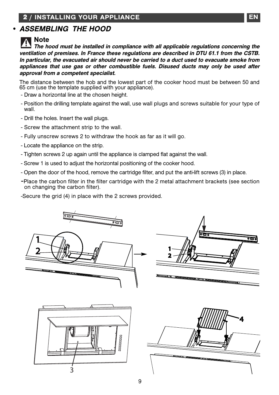 Assembling the hood | DE DIETRICH DHD1192X User Manual | Page 9 / 16