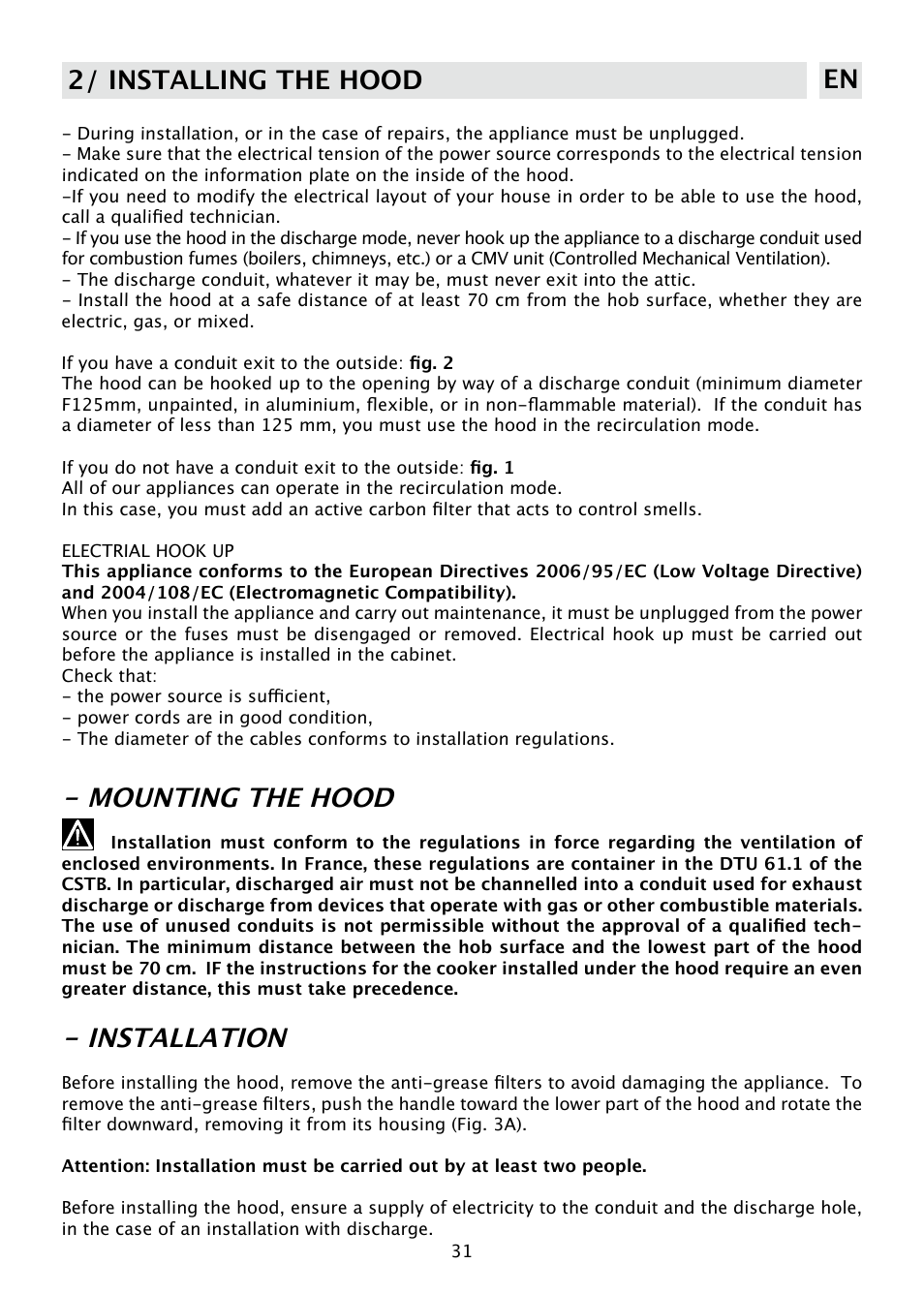 Mounting the hood, Installation, 2/ installing the hood en | DE DIETRICH DHD585XE1 User Manual | Page 9 / 16