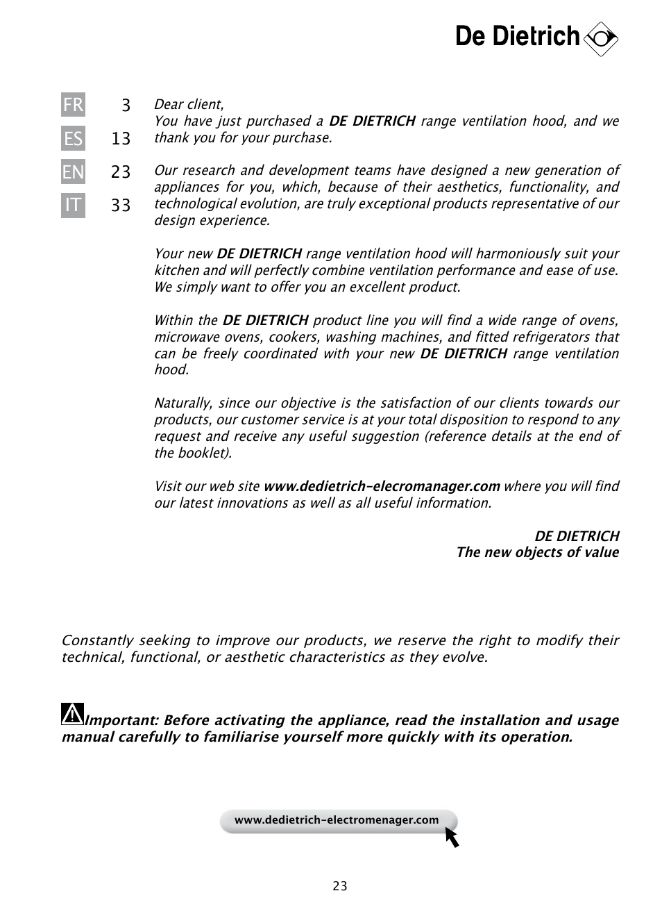 En fr es it | DE DIETRICH DHD1100X User Manual | Page 2 / 11